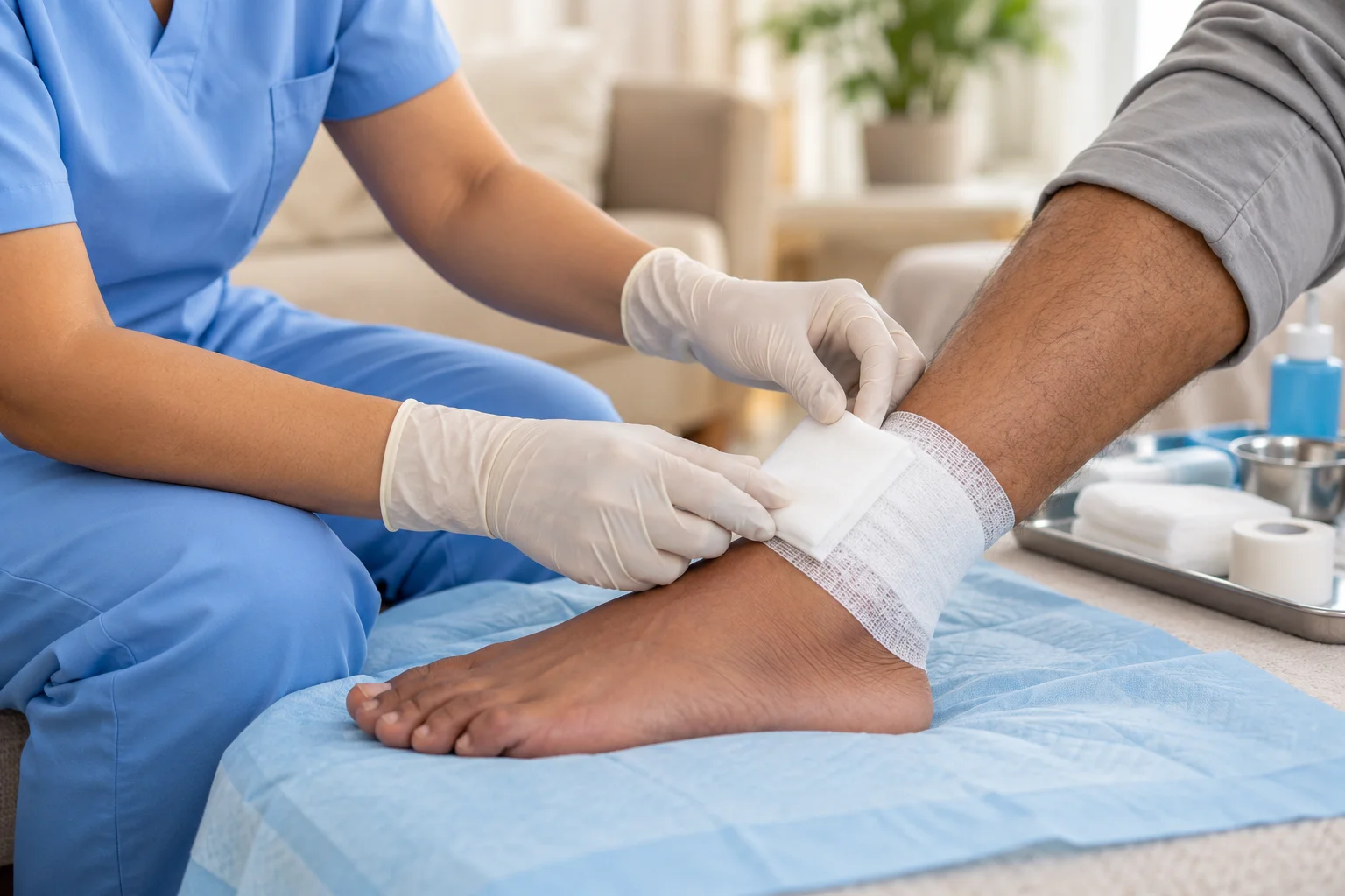 Illustration of gloved hands positioning a clean ankle dressing