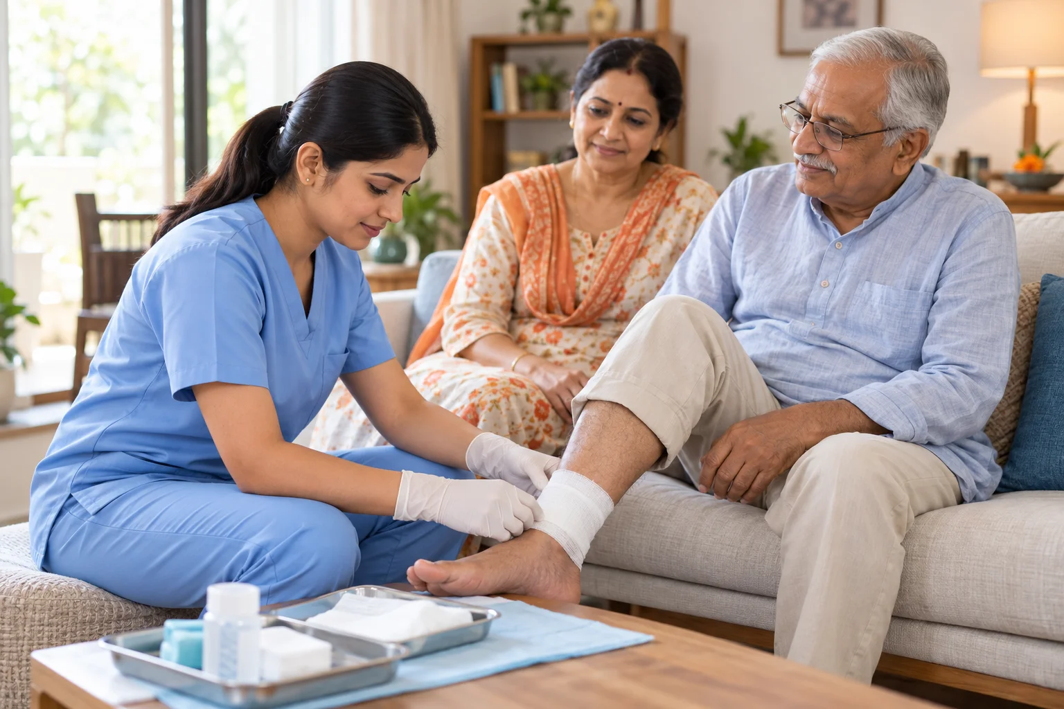 Illustration of a nurse supporting an older patient with dressing care at home